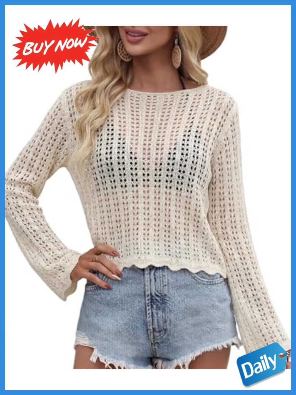 Women's Crochet Sweater Hollow Out Cropped Beach Coverup Boat Neck Long Sleeve